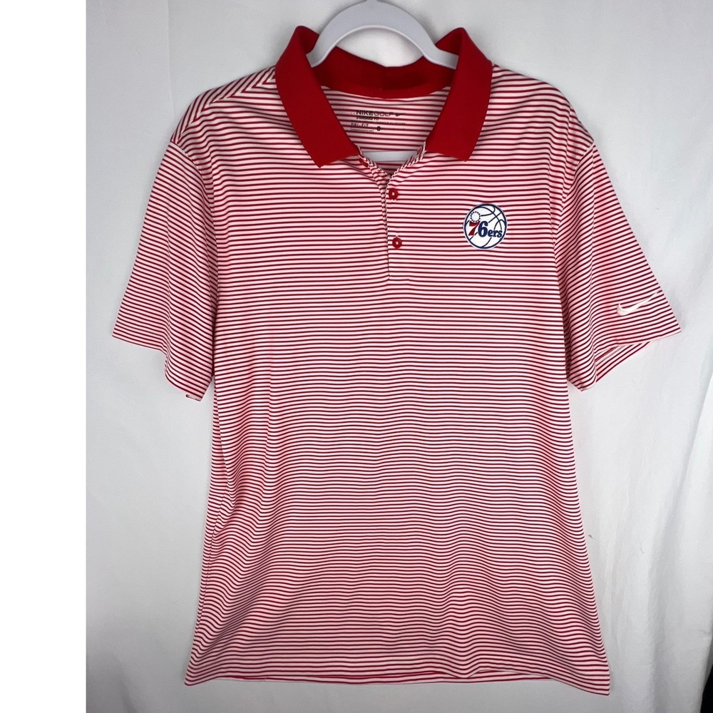NIKE Golf Dri-Fit Polo Mens Large Red White Victory Mini Stripe 76ers